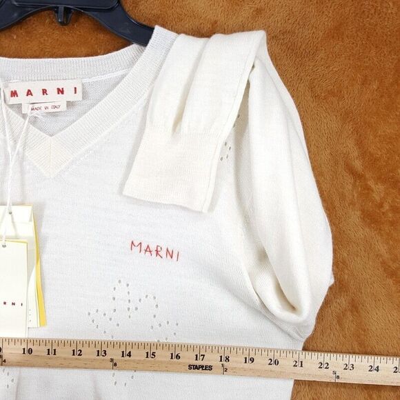 MARNI Sweater Mens Size 50 Off White Pullover VNeck Fine Wool Flowers $895 - Picture 9 of 11